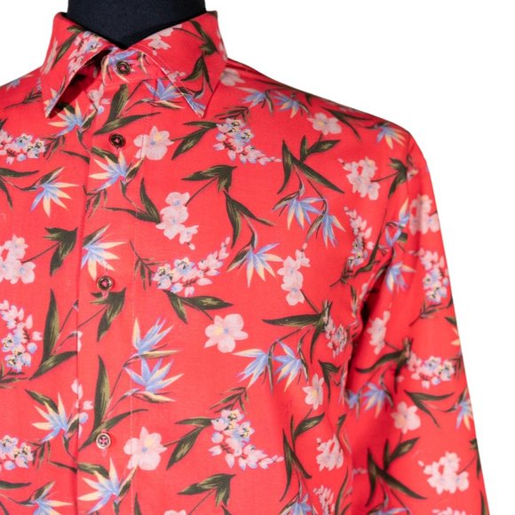 Mens Shirt Button Up Red Orange Floral Summer Tropical Hawaiian Beach Large - Picture 4 of 7